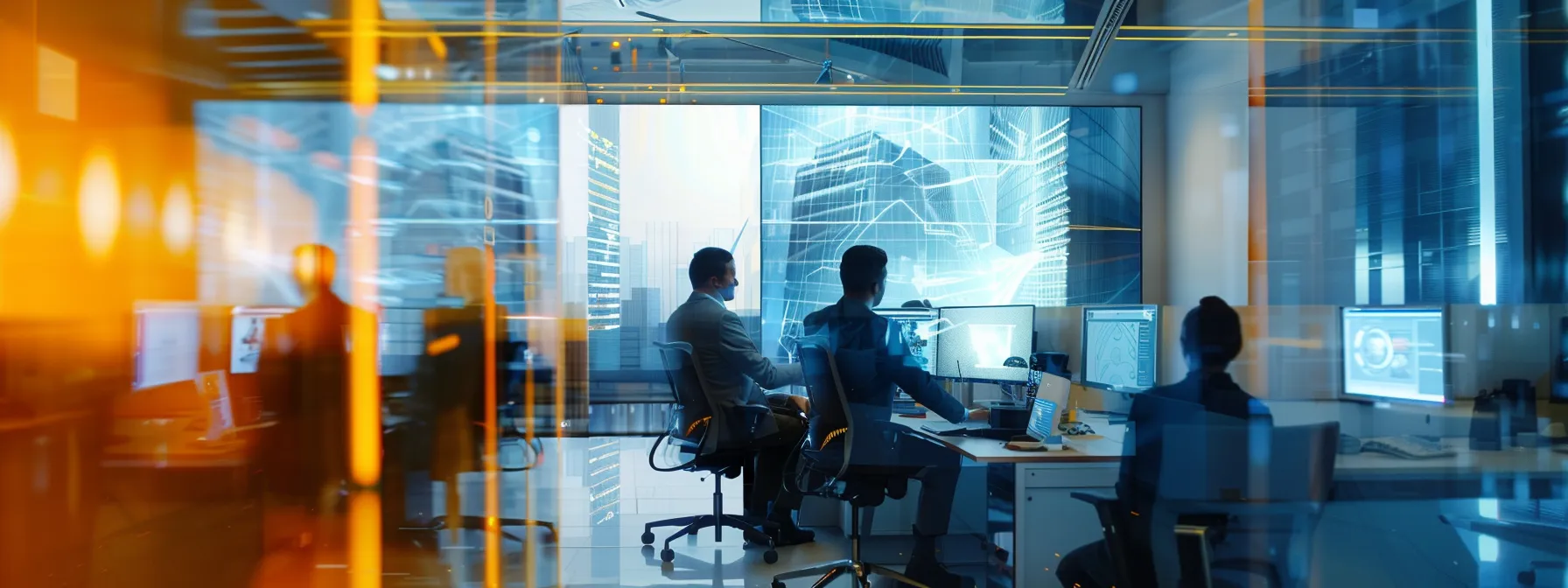a dynamic and modern office environment showcases a diverse team of professionals collaborating over digital screens, illustrating innovative lead generation strategies tailored for demolition contractors.