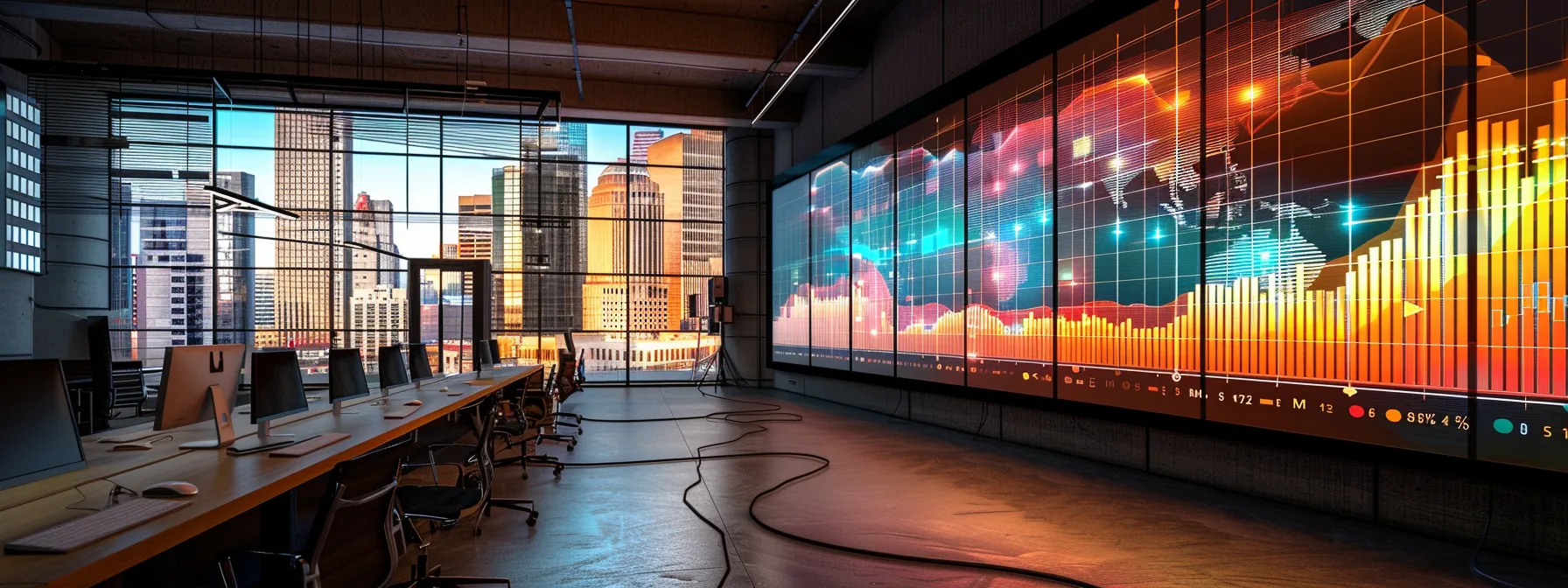 a dynamic and modern office workspace, featuring a large digital screen displaying fluctuating graphs and market trends, illuminated by soft, ambient lighting, symbolizing the pulse of b2b lead generation strategies in a rapidly evolving business environment.