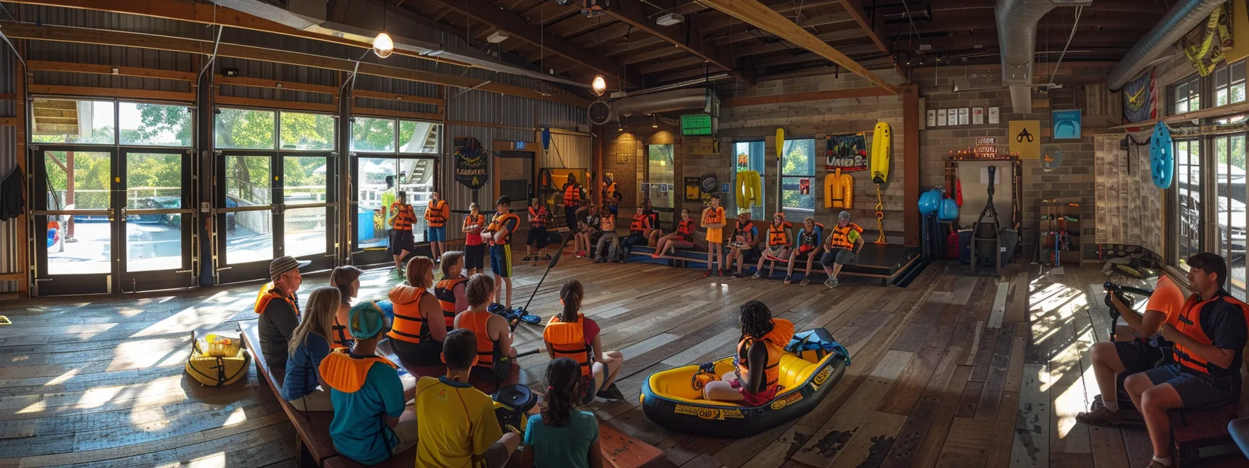 a dynamic and vibrant indoor training session showcases experienced guides conducting a thorough safety briefing for families preparing to embark on an exciting whitewater rafting adventure in chattanooga, surrounded by safety gear and colorful rafting equipment.