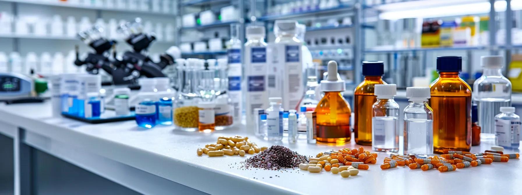a dynamic and vibrant laboratory setting showcases sports nutrition manufacturing, with colorful, high-quality ingredients displayed prominently against a backdrop of advanced equipment, illustrating the intersection of science and athletic performance.