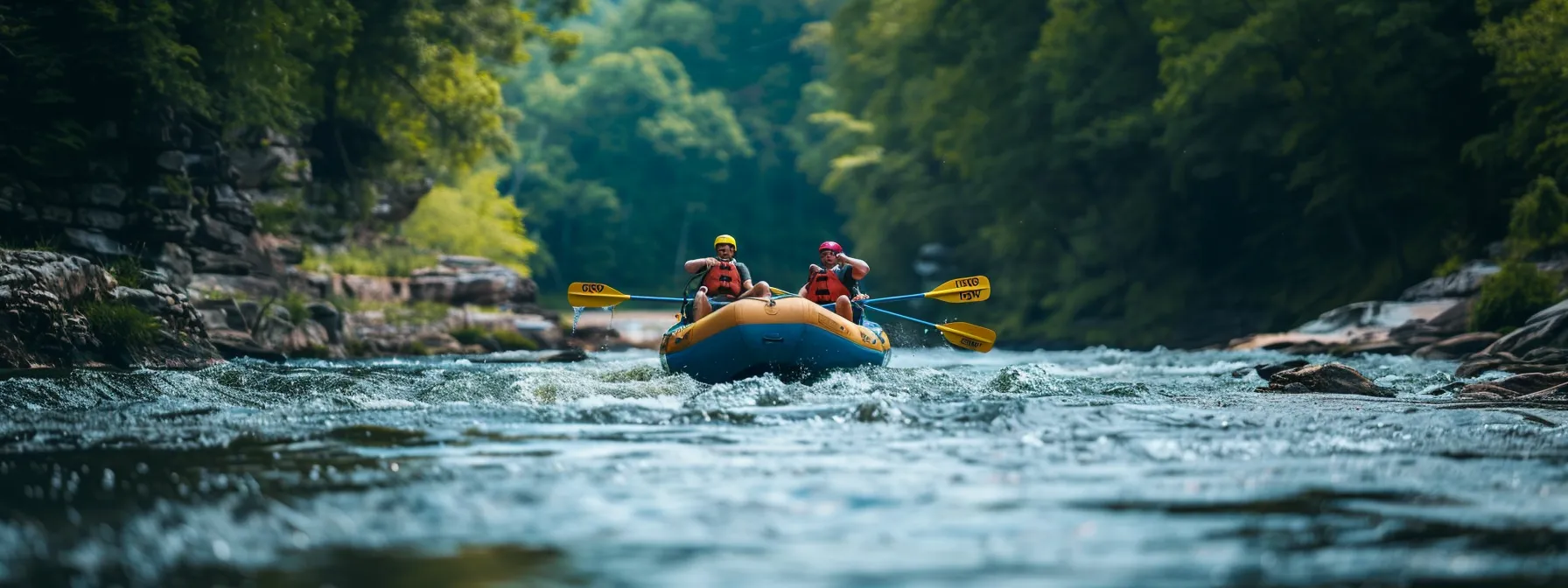 a dynamic and vibrant river scene captures families in colorful rafts navigating the exhilarating whitewater rapids of chattanooga, with dramatic cliffs and lush hills framing the exhilarating adventure.