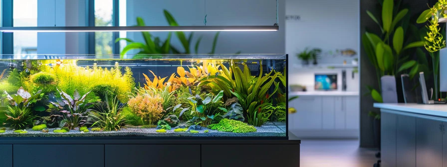 a dynamic aquarium showcase illuminated by vibrant, tailored led lights highlighting the contrasting colors of freshwater plants and saltwater corals, set against a sleek, modern tank in a contemporary office environment. a dynamic aquarium showcase illuminated by vibrant, tailored led lights highlighting the contrasting colors of freshwater plants and saltwater corals, set against a sleek, modern tank in a contemporary office environment.