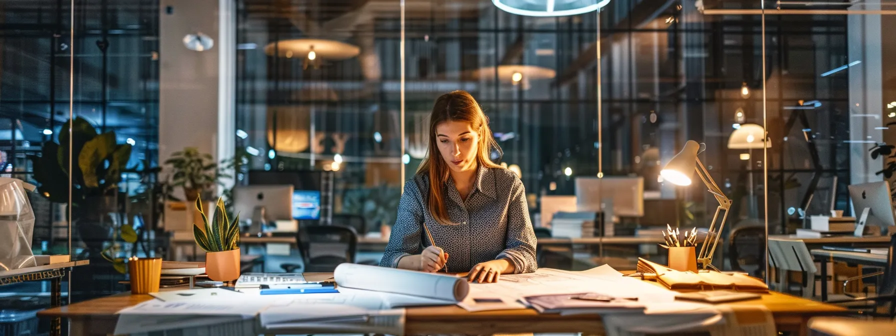 a dynamic architectural office scene captures a focused architect engaging with detailed blueprints amidst sleek, modern furnishings and innovative design elements, illuminated by bright overhead lights for a vibrant atmosphere.