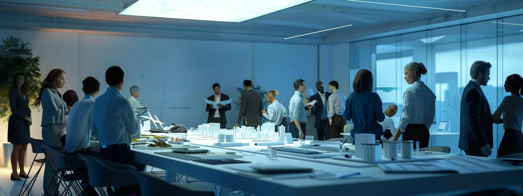 a dynamic architectural office scene captures a diverse group of professionals collaborating around a sleek, modern conference table filled with 3d models and blueprints, showcasing a vibrant exchange of innovative design ideas under bright, focused lighting.