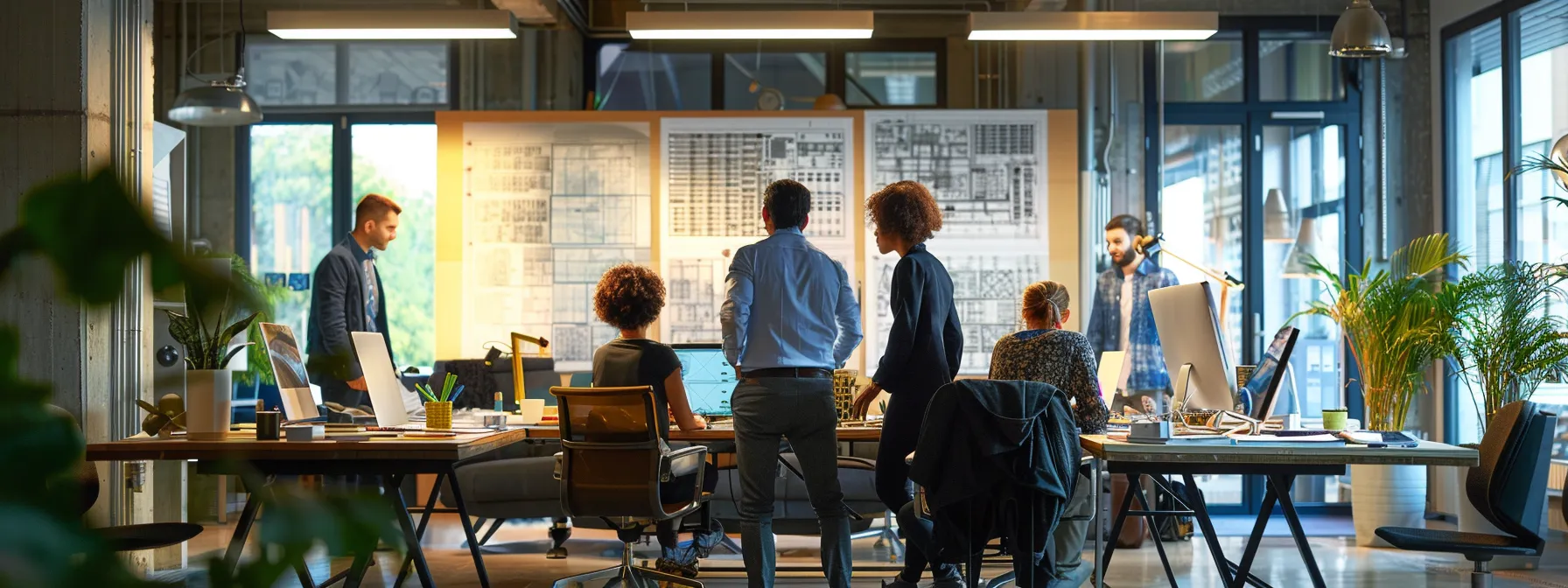 a dynamic architectural workspace showcases a diverse team of professionals engaged in a vibrant brainstorming session, surrounded by intricate blueprints and innovative models under bright, focused overhead lighting.