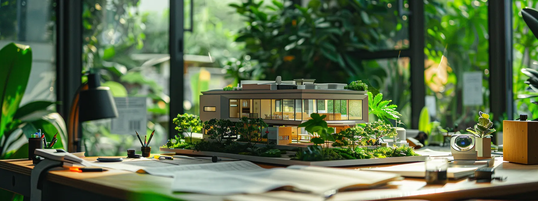 a dynamic architectural workspace filled with natural light showcases a scale model surrounded by vibrant blueprints and lush greenery, capturing the essence of creativity and innovation in design.