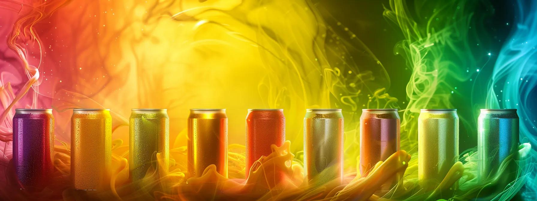 a dynamic arrangement of sleek, colorful cans of thc-infused beverages is set against a swirling, vibrant space background, with hints of green hues to evoke a cannabis association, highlighting the innovative variety in non-alcoholic drinks. a dynamic arrangement of sleek, colorful cans of thc-infused beverages is set against a swirling, vibrant space background, with hints of green hues to evoke a cannabis association, highlighting the innovative variety in non-alcoholic drinks.