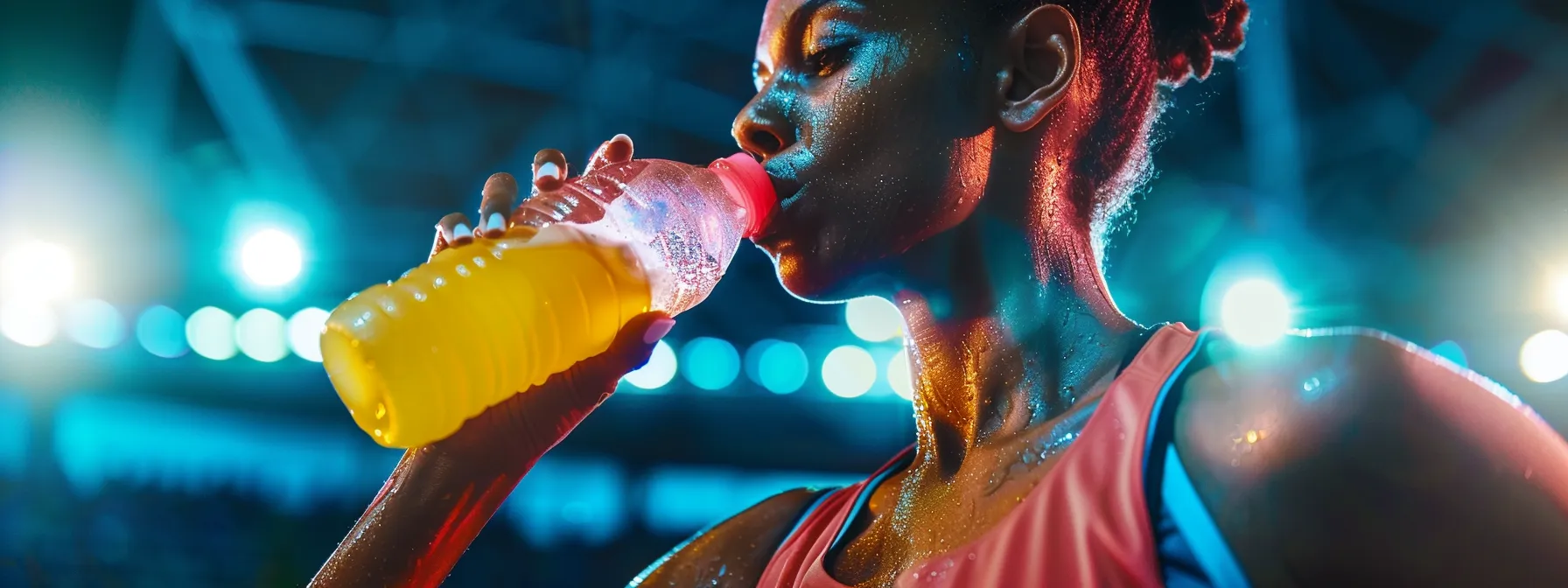 a dynamic athlete in motion, sweat glistening on their skin, sips a vivid, colorful electrolyte drink under bright stadium lights, symbolizing the vital replenishment of energy and minerals essential for peak performance.