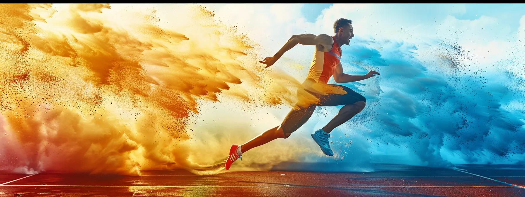 a dynamic athlete leaps across a finish line, radiating energy and vitality, surrounded by vibrant displays of bulk electrolyte powders that symbolize enhanced performance and hydration.