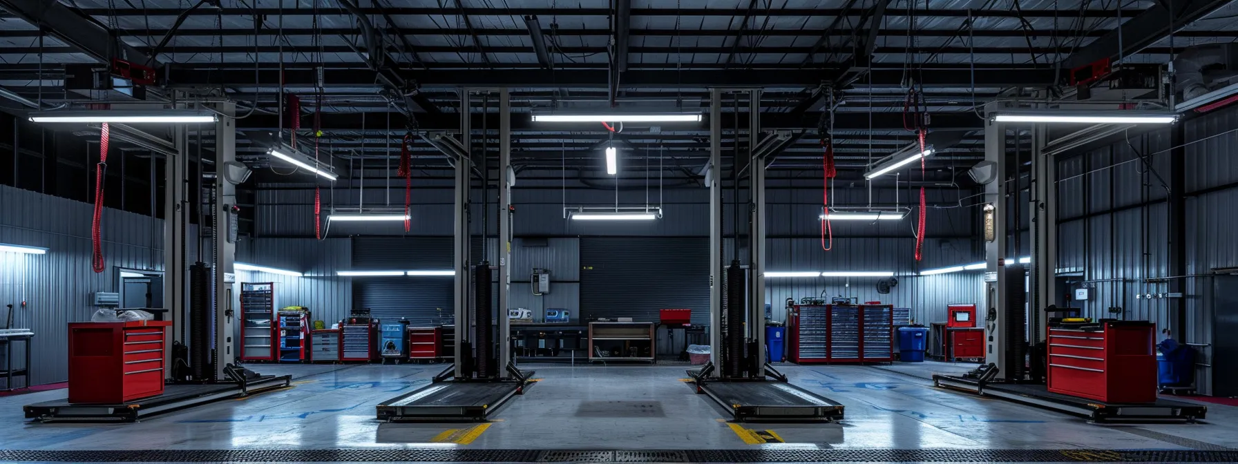 Top Benefits of Direct and Forward Four Post Vehicle Lifts a dynamic automotive service garage features sleek direct and forward lifts side by side, showcasing their robust designs and user-friendly interfaces, illuminated by bright overhead lights that emphasize the professional environment.