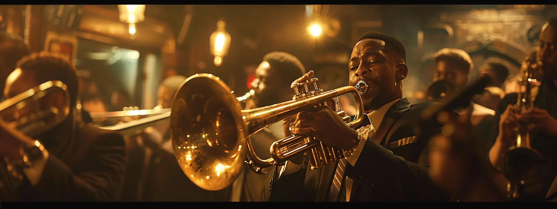 a dynamic big band scene captures a lead trombonist passionately performing with a polished brass instrument at the forefront, surrounded by fellow musicians in an upscale urban jazz club, illuminated by dramatic stage lighting that accentuates the rich textures of the ensemble. a dynamic big band scene captures a lead trombonist passionately performing with a polished brass instrument at the forefront, surrounded by fellow musicians in an upscale urban jazz club, illuminated by dramatic stage lighting that accentuates the rich textures of the ensemble.