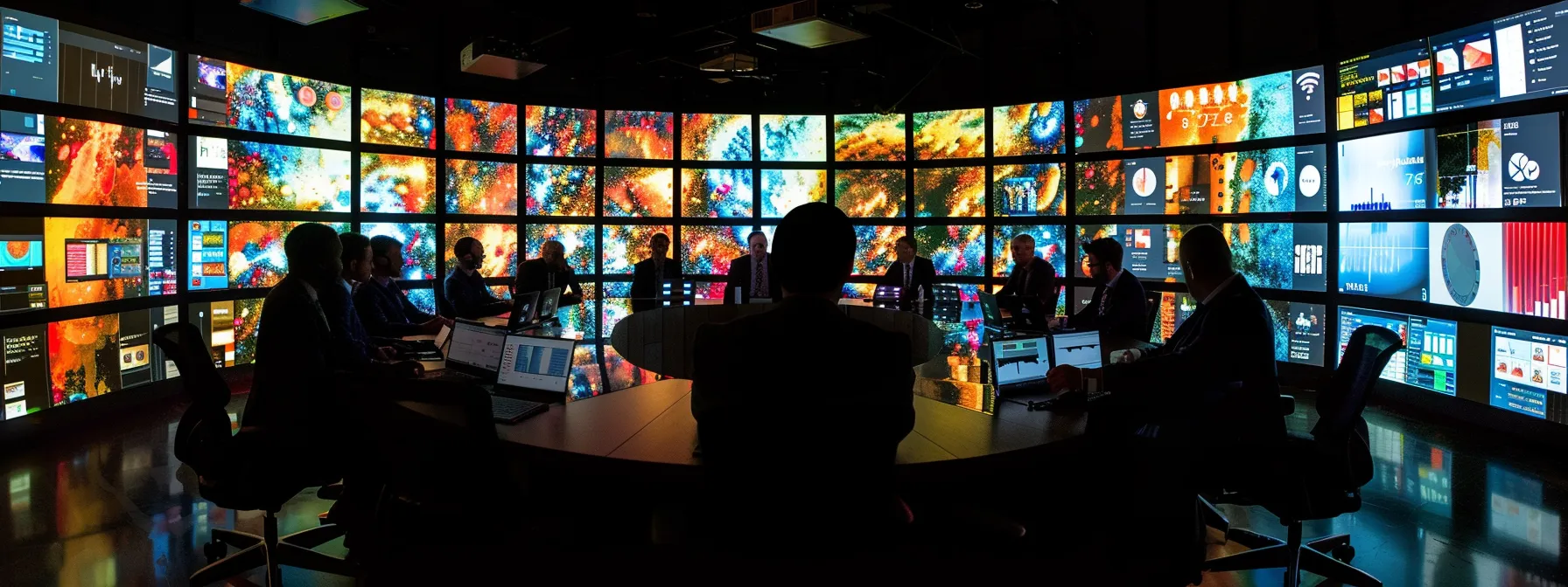 a dynamic boardroom scene captures a team of diverse professionals engaged in collaborative strategy discussions, surrounded by data-driven visuals and analytics on screens, emphasizing the theme of continuous optimization in lead generation for b2b agencies.