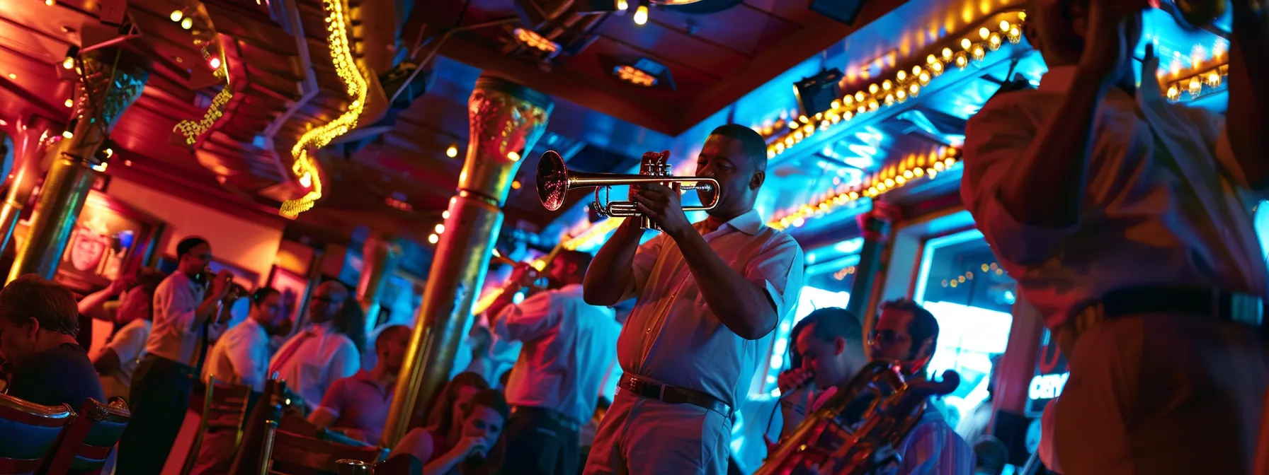 a dynamic brass ensemble fills a vibrant jazz club, showcasing the lead trumpet amidst a lively performance, with musicians passionately engaged, colorful lights dancing above, and shadows accentuating the thrilling energy of big band music. a dynamic brass ensemble fills a vibrant jazz club, showcasing the lead trumpet amidst a lively performance, with musicians passionately engaged, colorful lights dancing above, and shadows accentuating the thrilling energy of big band music.