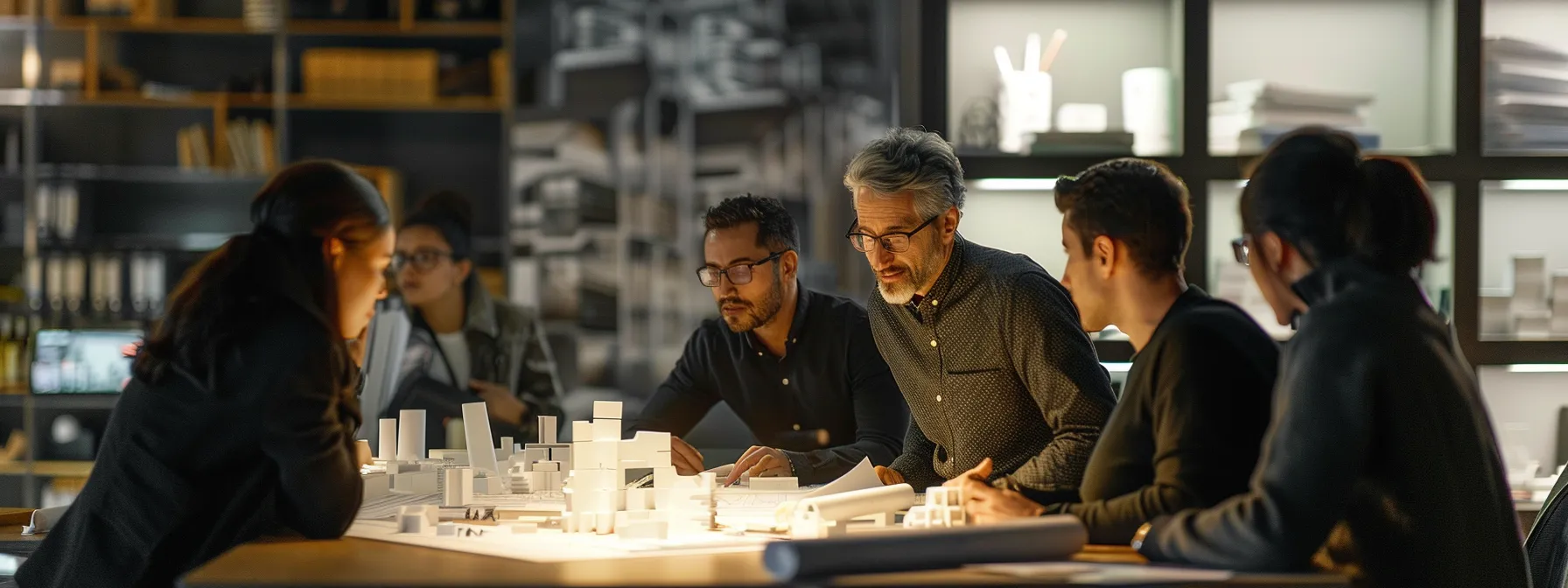 a dynamic, candid moment captures a diverse group of architects collaborating around a sleek, modern conference table, with blueprints and 3d models displayed prominently in a stylish urban office filled with warm, ambient lighting.