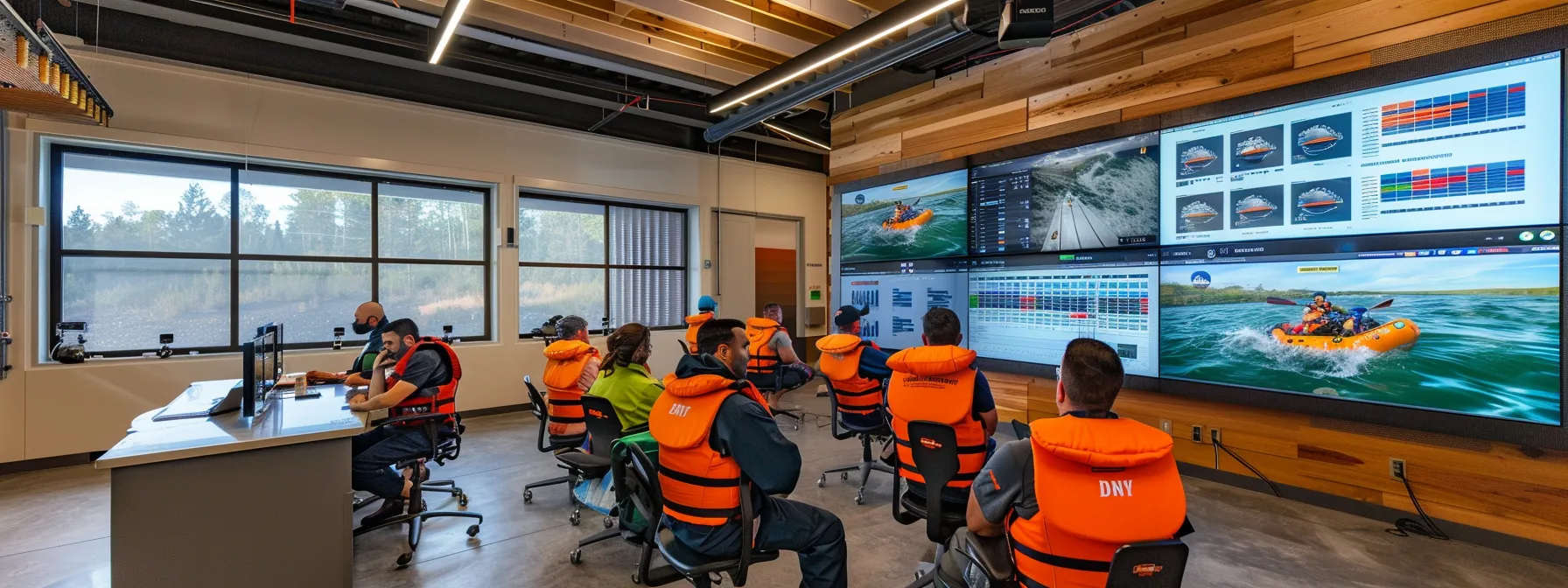 a dynamic, candid shot of a team of experienced rafters in a sleek, modern office, engaging in a detailed discussion while analyzing river flow charts and weather forecasts on high-tech screens, emphasizing safety and preparation for summer rafting adventures.
