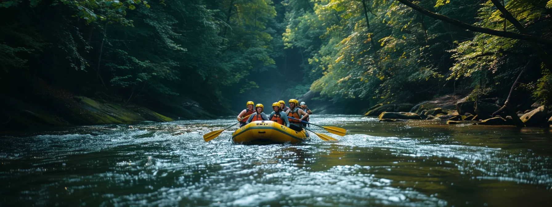 a dynamic chattanooga rafting scene captures a group of eager adventurers equipped with safety gear, surrounded by lush greenery and a roaring river, highlighting the importance of safety protocols in outdoor excursions.