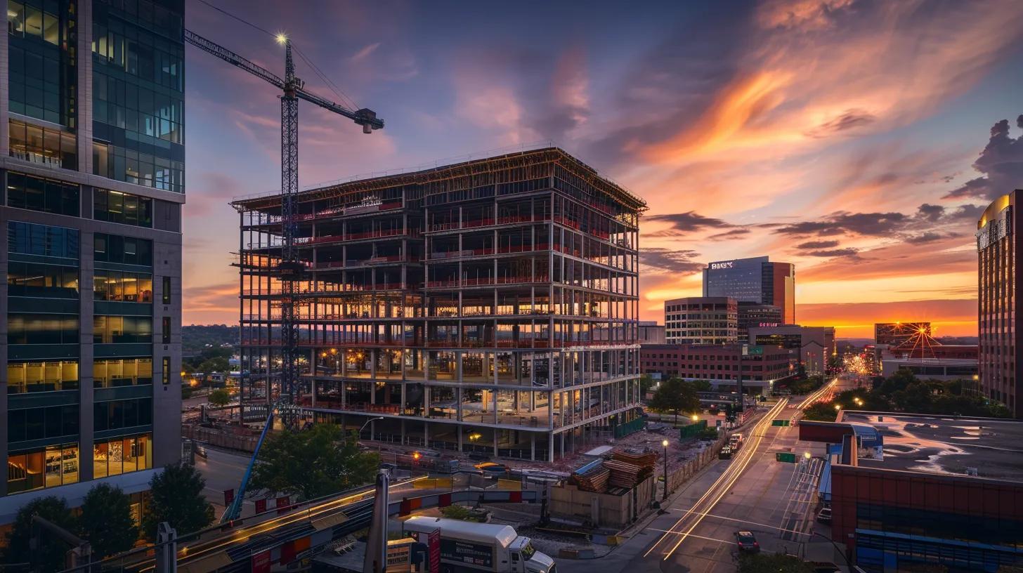 a dynamic city skyline in knoxville during golden hour, featuring a modern commercial building under construction, surrounded by scaffolding and construction machinery, symbolizing growth and opportunity in local development. a dynamic city skyline in knoxville during golden hour, featuring a modern commercial building under construction, surrounded by scaffolding and construction machinery, symbolizing growth and opportunity in local development.