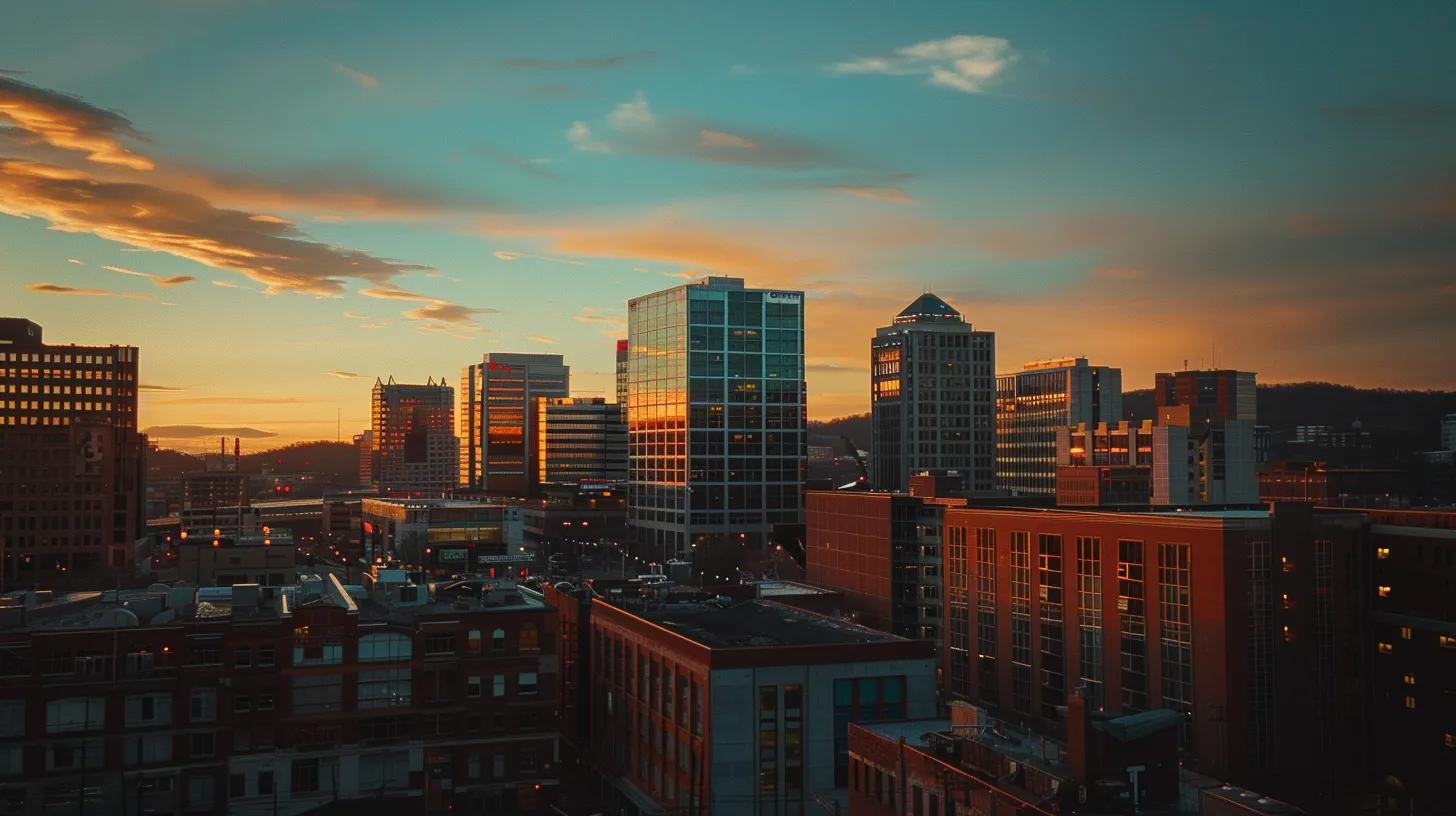a dynamic city skyline of knoxville, tn, showcases a blend of modern construction and historical architecture, bathed in warm evening light, emphasizing the city's unique development and vibrant growth.