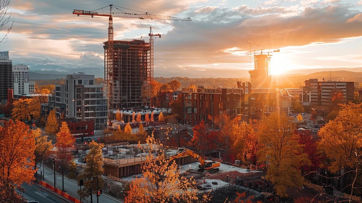 a dynamic cityscape of knoxville showcases a bustling local construction site with skilled contractors at work, surrounded by vibrant autumn foliage and modern architecture, illuminated by the warm glow of the setting sun.