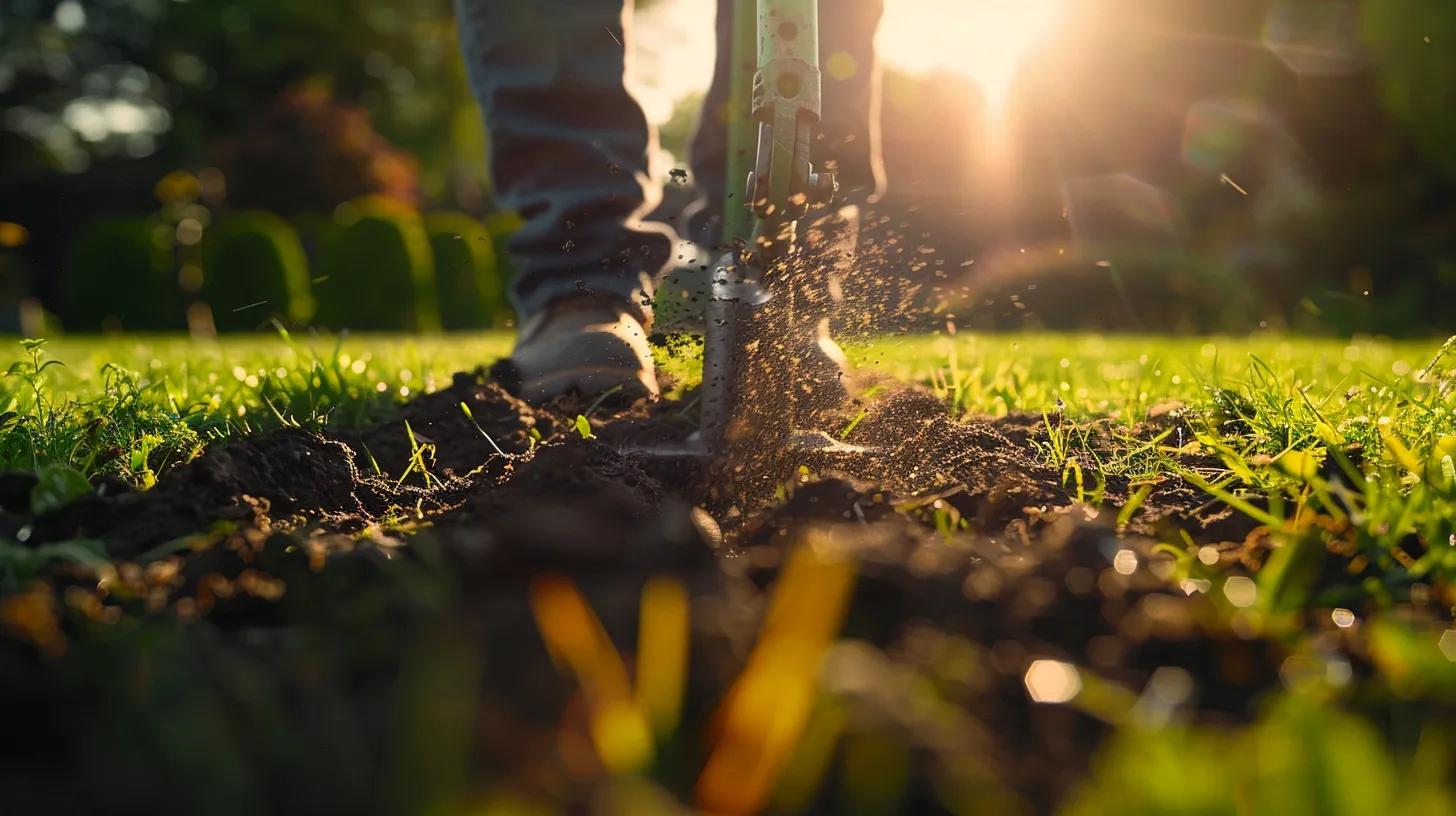 a dynamic close-up shot of a professional landscaper operating a lawn aerator on a well-maintained, vibrant lawn, showcasing the deep holes created in the soil to improve nutrient penetration and root health. a dynamic close-up shot of a professional landscaper operating a lawn aerator on a well-maintained, vibrant lawn, showcasing the deep holes created in the soil to improve nutrient penetration and root health.