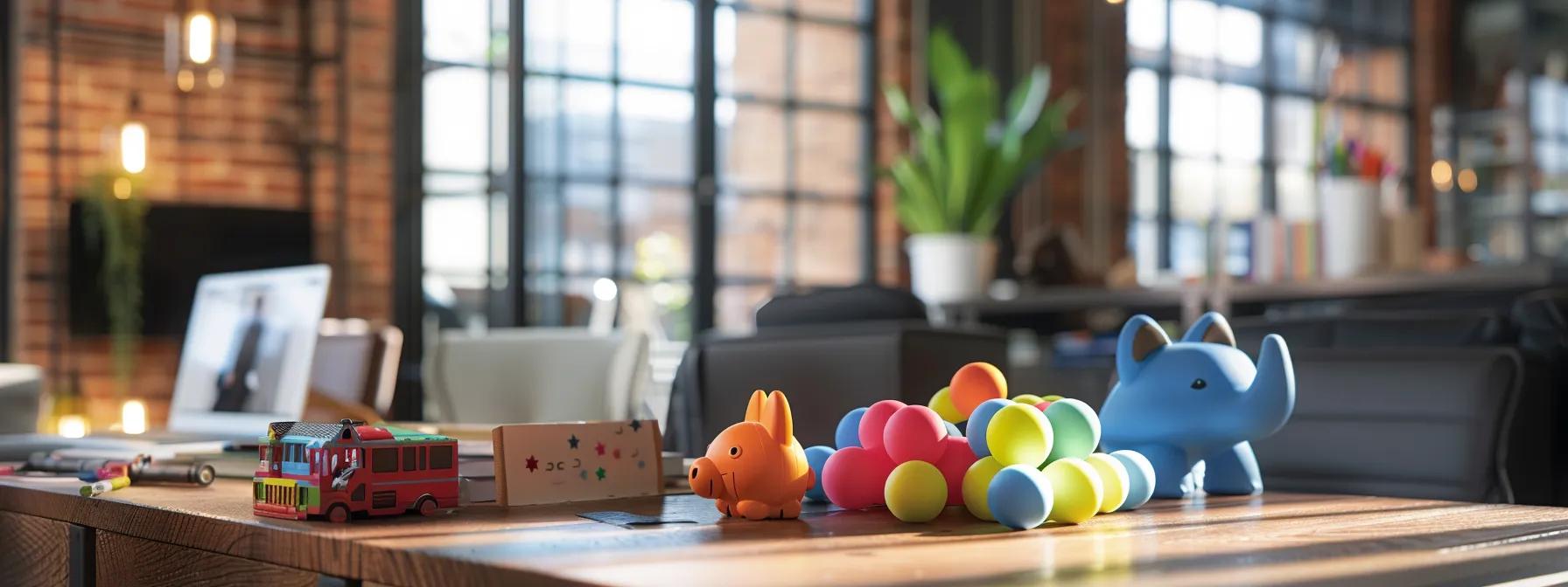 a dynamic, close-up portrayal of durable fetch toys for heavy chewers displayed on a sleek modern office desk, highlighting their robust materials and innovative design features against a backdrop of industrial-style decor. a dynamic, close-up portrayal of durable fetch toys for heavy chewers displayed on a sleek modern office desk, highlighting their robust materials and innovative design features against a backdrop of industrial-style decor.