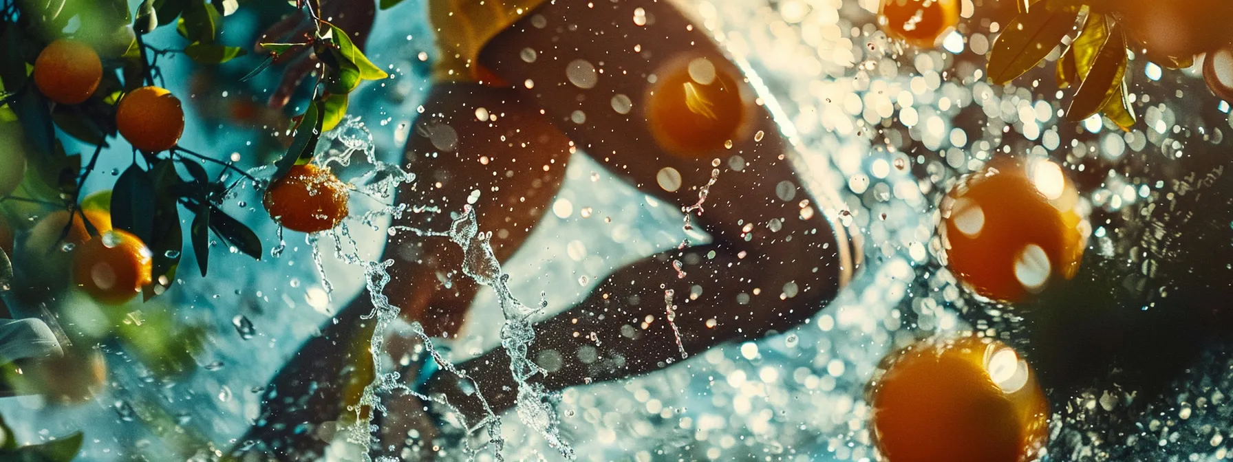 a dynamic close-up of a hydrated athlete in mid-stride, sweat glistening on their skin, surrounded by vibrant electrolyte-rich fruits and fluids, capturing the essence of optimal hydration strategy in sports.