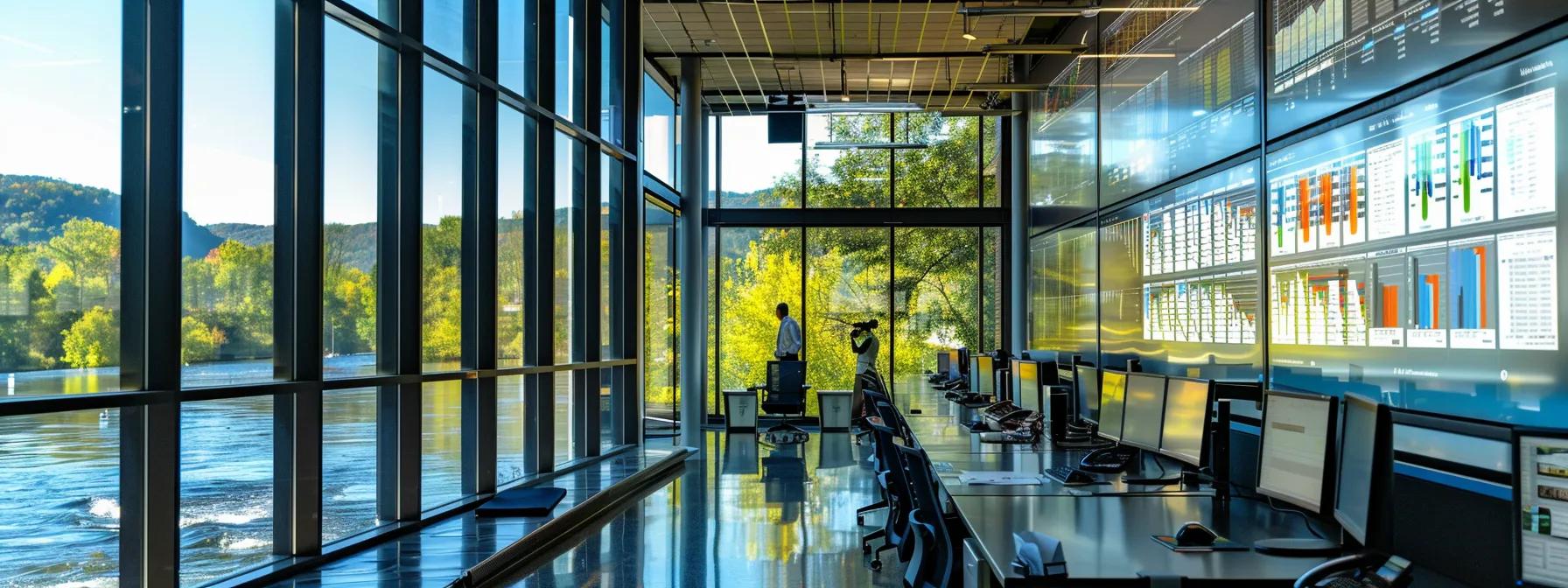 a dynamic, close-up shot of a bustling riverside office where employees monitor digital flow rate graphs and weather forecasts, with large windows showcasing the vibrant ocoee river reflecting the effects of seasonal changes in water levels.
