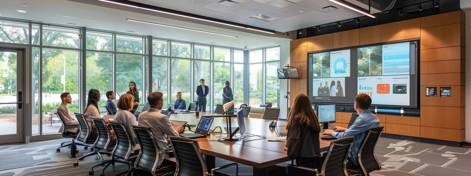 a dynamic coastal office setting features an engaging presentation on innovative shoreline stabilization methods, with sleek charts and visual aids displayed prominently, capturing the attention of professionals strategizing against erosion.