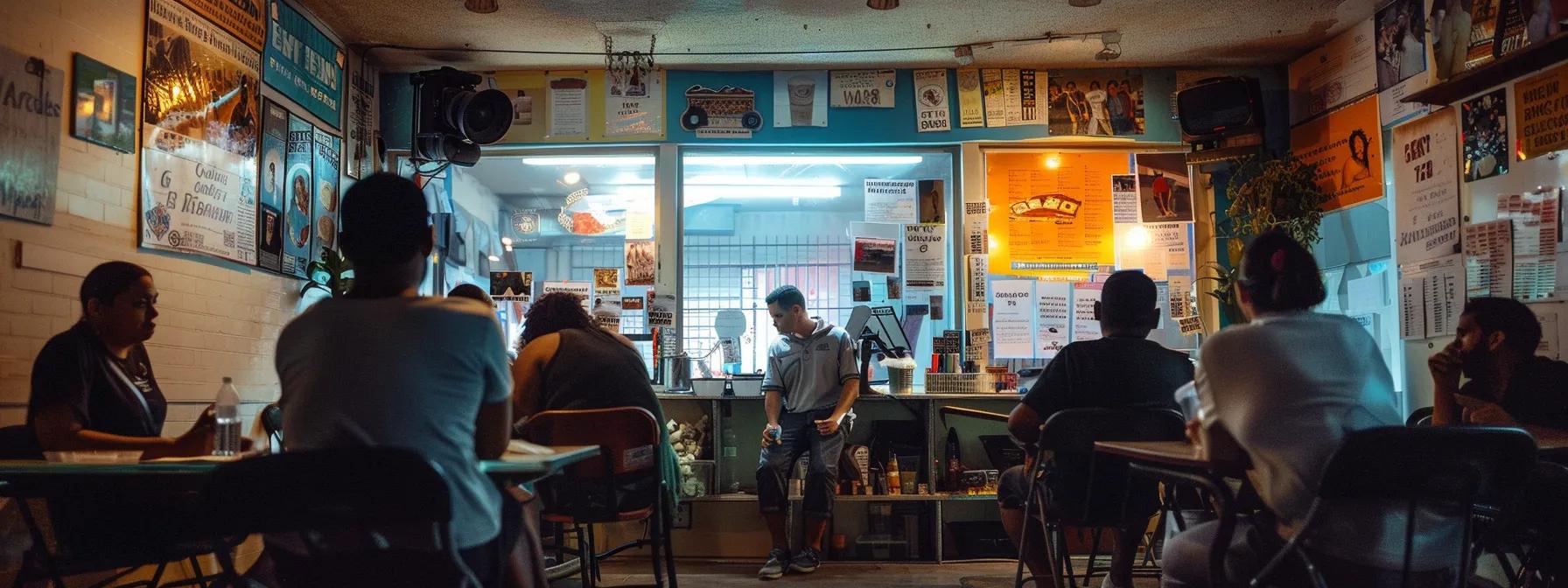 a dynamic community meeting unfolds in a brightly lit urban storefront, with engaged business owners and residents eagerly discussing strategies to combat rising burglary threats, their expressions a mix of concern and determination, as crime prevention posters decorate the walls.