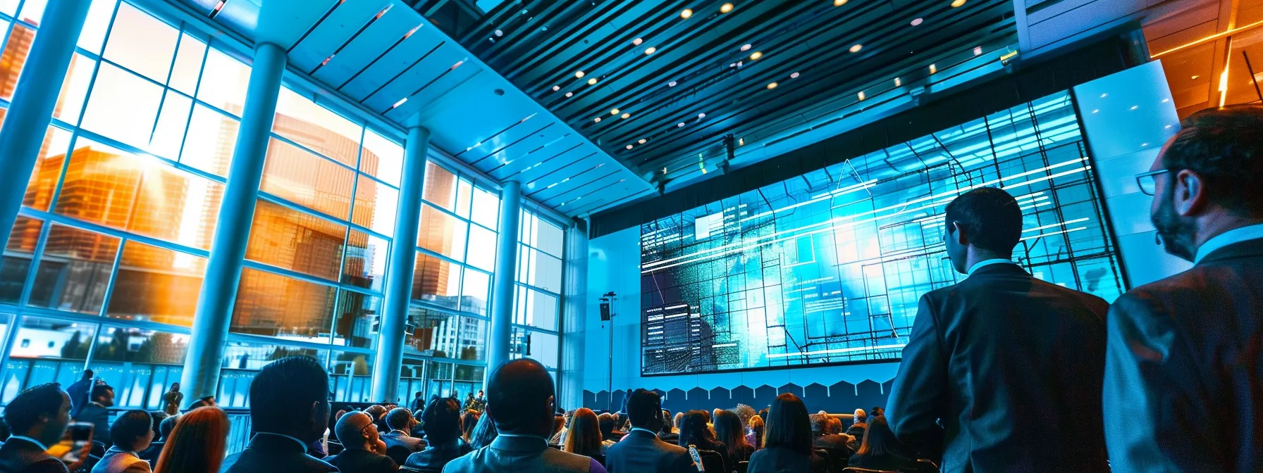 a dynamic conference hall filled with engaged professionals in sleek business attire, animatedly discussing innovative architectural concepts while digital screens displaying cloud-based technologies and design graphics illuminate the space.