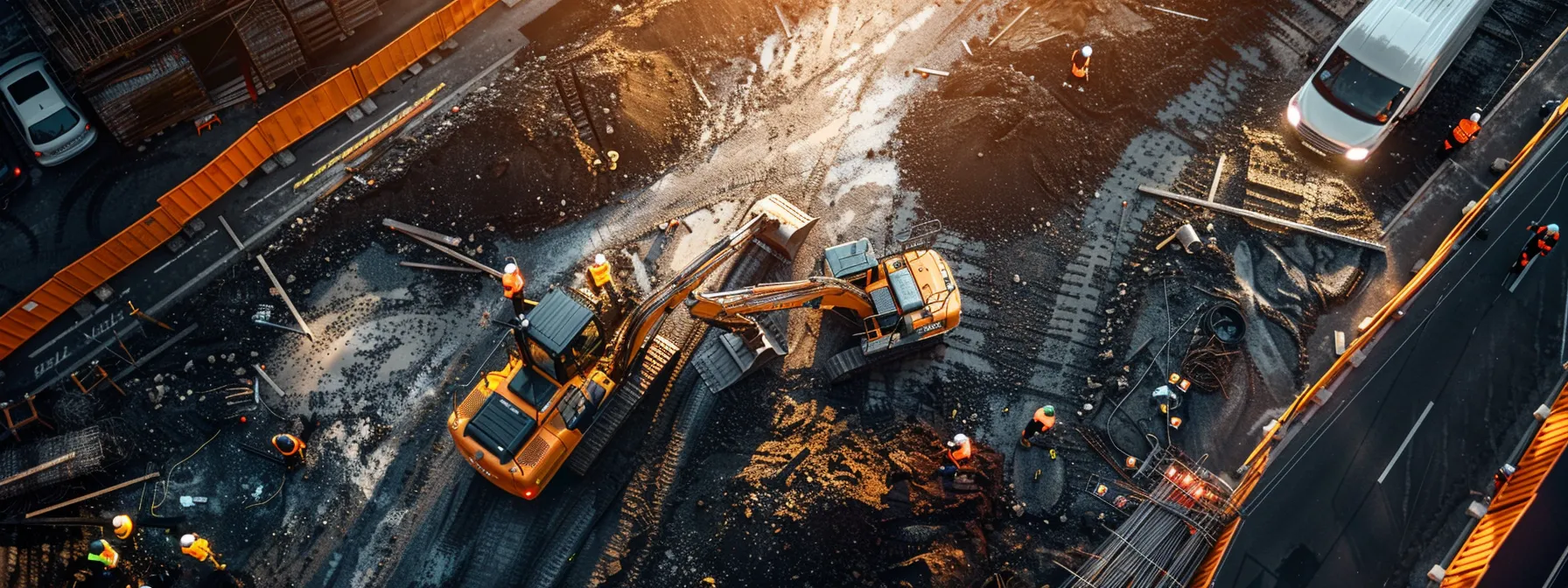 a dynamic construction site showcases the full replacement of asphalt, with workers and heavy machinery actively removing the damaged pavement, surrounded by freshly laid asphalt, under bright artificial lights highlighting the intricate process of restoration.