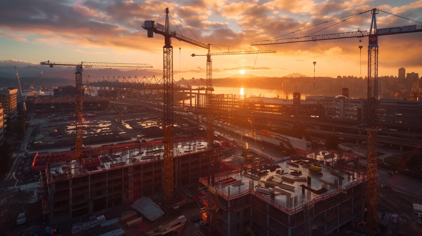 a dynamic construction site at sunrise, showcasing towering cranes and meticulously organized materials, symbolizing efficient project scheduling and teamwork in progress.