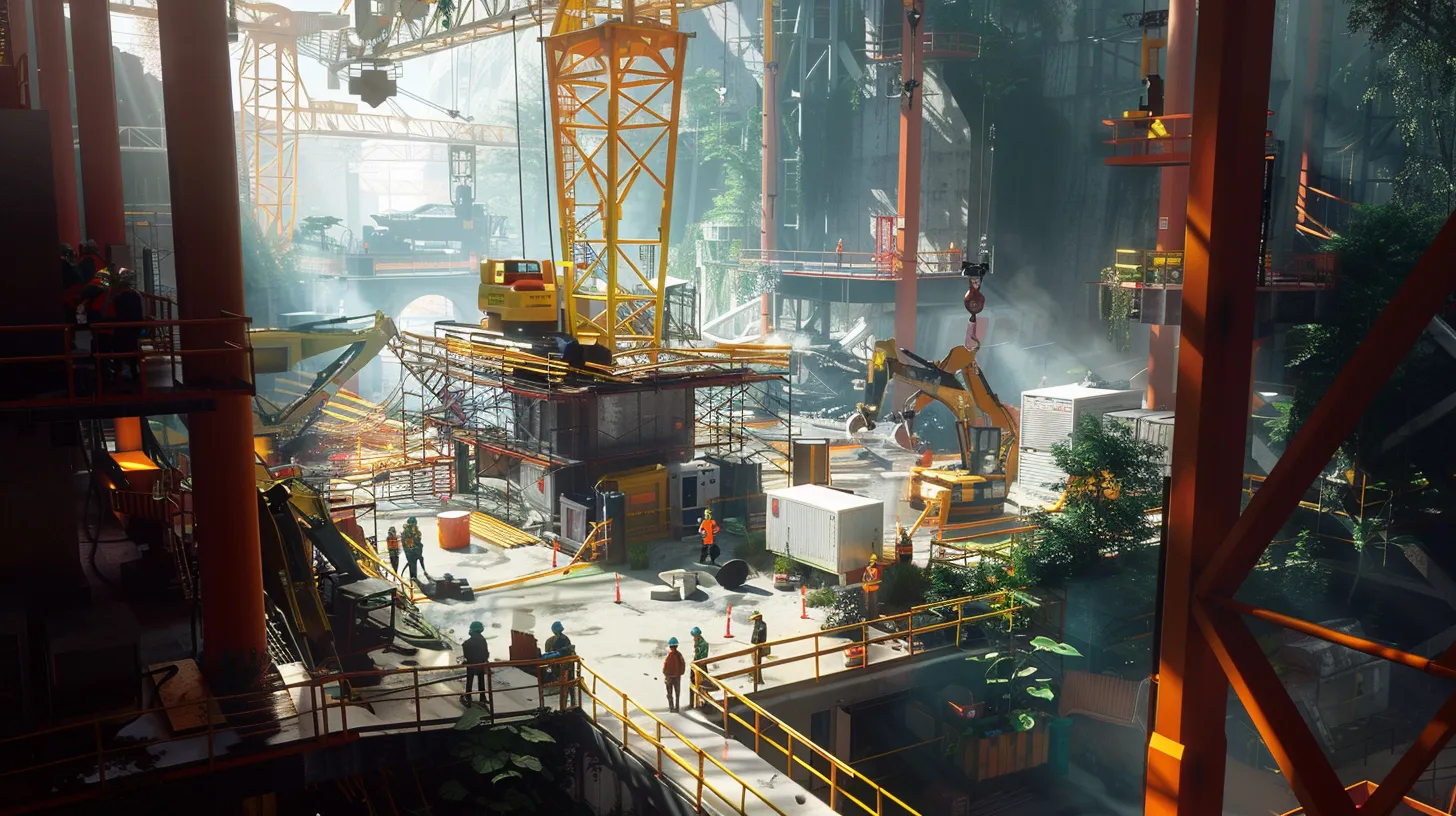 a dynamic construction site bustling with professional workers and machinery, showcasing the transformative power of general contractor services under bright, natural lighting.
