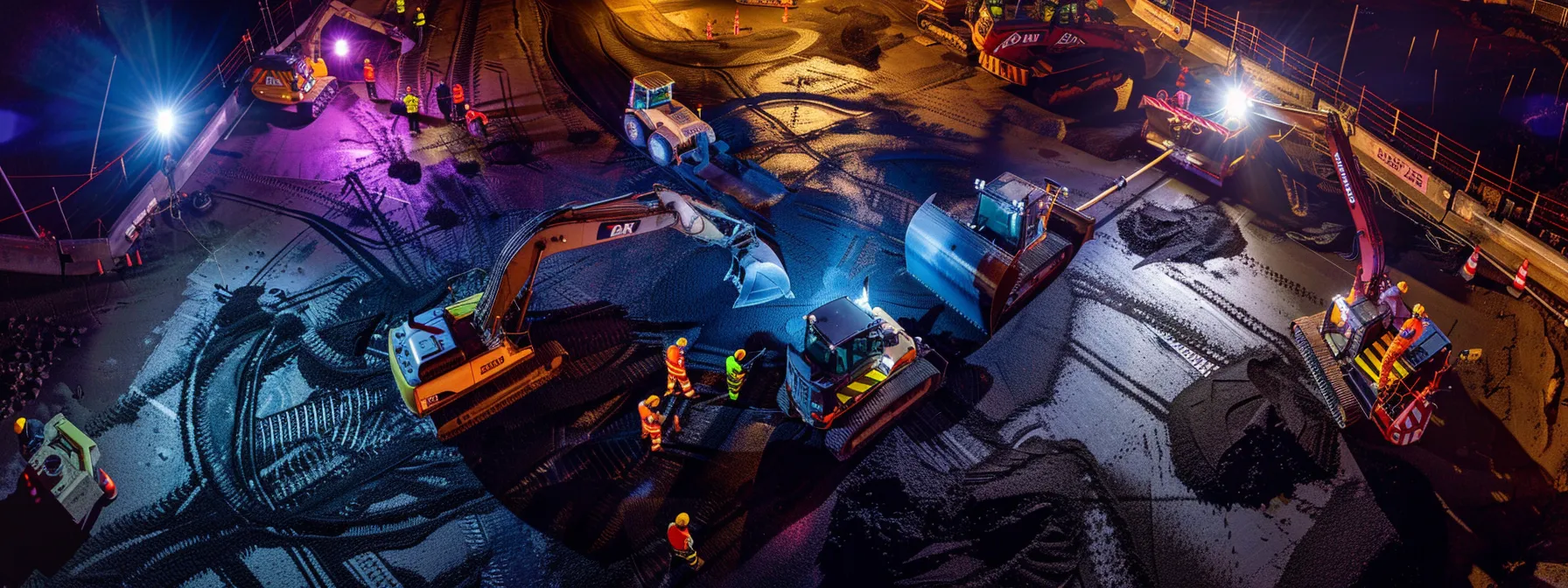 a dynamic construction site captures the asphalt overlay installation process, showcasing workers efficiently evaluating and preparing existing pavement while machinery is actively engaged in spreading hot mix asphalt under vibrant artificial lights.