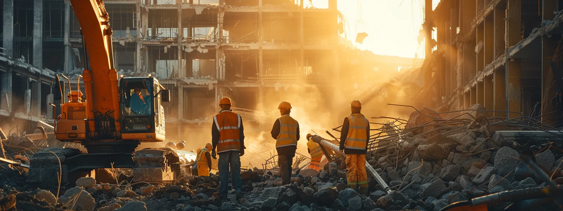 a dynamic construction site during demolition, showcasing a team of workers in vibrant safety gear assessing risks amid towering rubble and heavy machinery, bathed in golden hour light for a striking visual impact. a dynamic construction site during demolition, showcasing a team of workers in vibrant safety gear assessing risks amid towering rubble and heavy machinery, bathed in golden hour light for a striking visual impact.