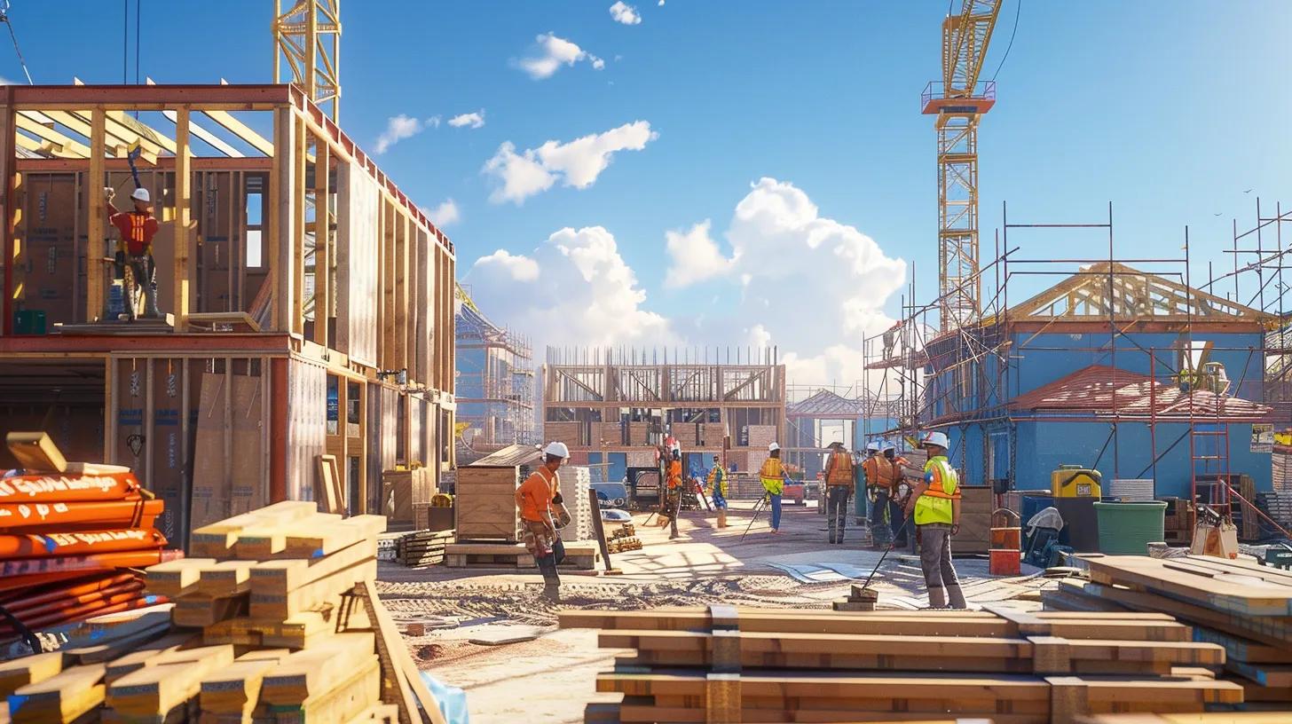 a dynamic construction site in iowa features skilled workers collaborating energetically under a bright blue sky, surrounded by stacks of lumber and partially framed walls, symbolizing the intricate relationship between labor expenses and custom home construction. a dynamic construction site in iowa features skilled workers collaborating energetically under a bright blue sky, surrounded by stacks of lumber and partially framed walls, symbolizing the intricate relationship between labor expenses and custom home construction.