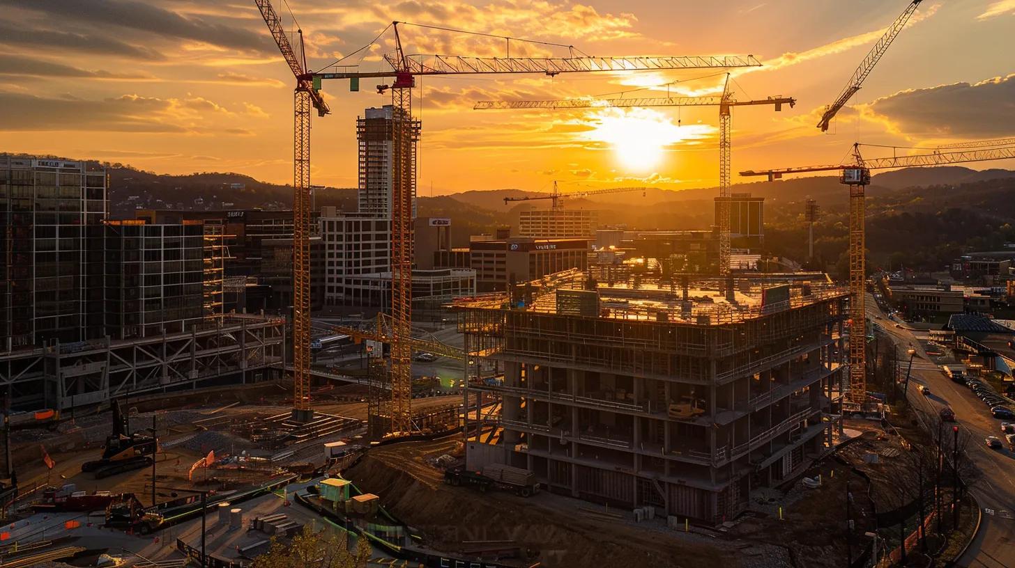 a dynamic construction site in knoxville, showcasing licensed commercial contractors erecting a modern steel structure with vibrant precast concrete elements, illuminated by the warm glow of the golden hour, emphasizing innovative and sustainable building practices. a dynamic construction site in knoxville, showcasing licensed commercial contractors erecting a modern steel structure with vibrant precast concrete elements, illuminated by the warm glow of the golden hour, emphasizing innovative and sustainable building practices.