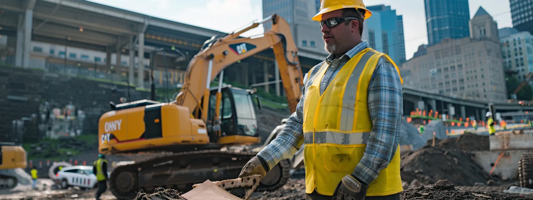 a dynamic construction site in pittsburgh showcases engineers in crisp safety gear examining soil samples beside heavy machinery, emphasizing the critical analysis of soil conditions for foundation excavation.