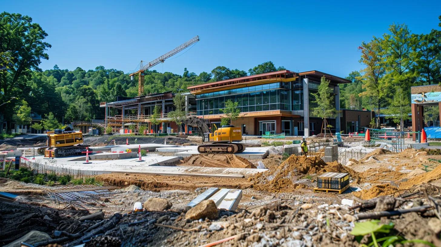 a dynamic construction site in knoxville showcases local commercial contractors collaborating on a vibrant building project, surrounded by lush trees and clear blue skies, emphasizing community and craftsmanship.