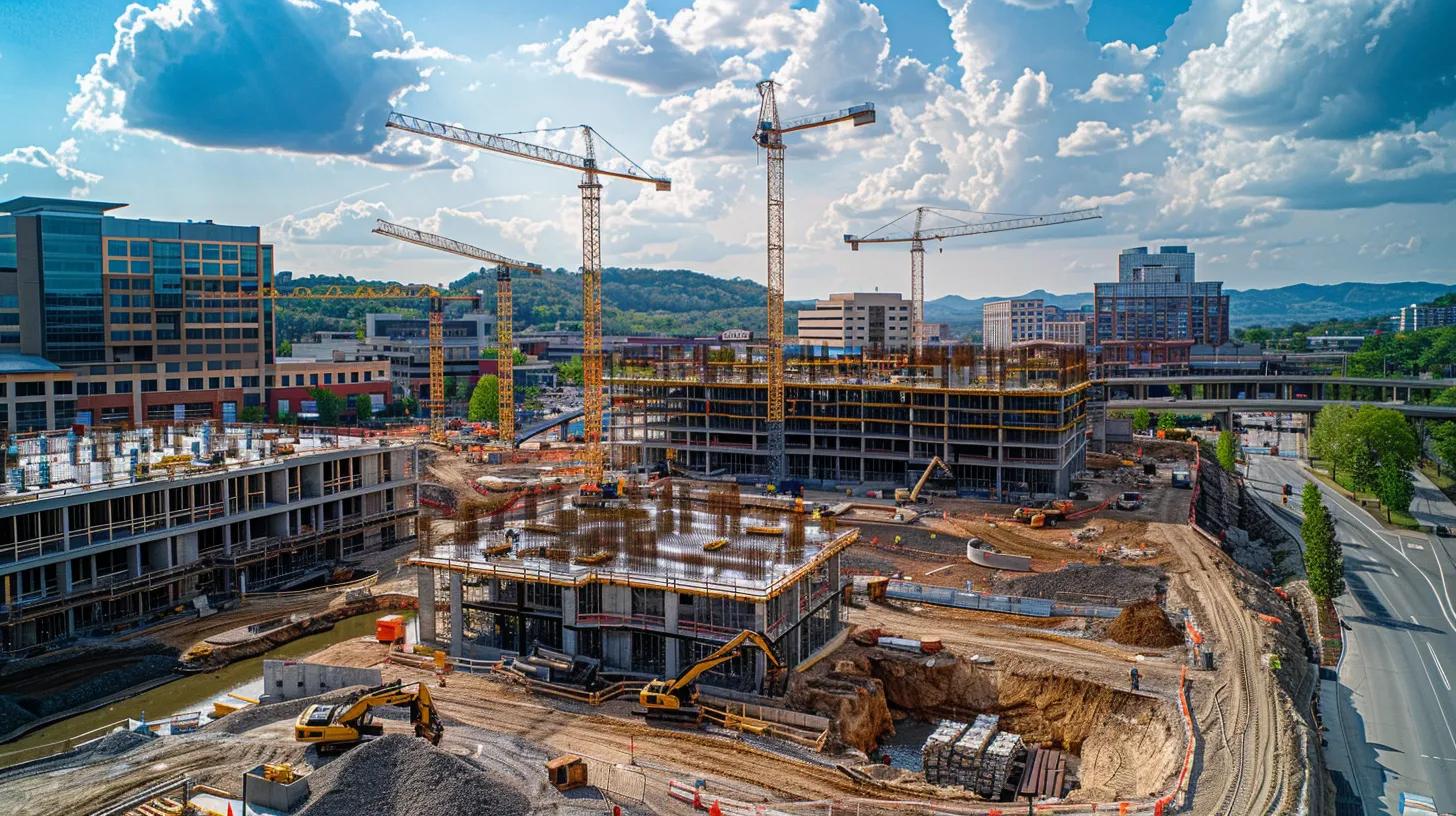 a dynamic construction site in knoxville showcases a team of experienced professionals utilizing advanced technology, efficiently collaborating on a commercial restoration project amidst a backdrop of towering cranes and partially constructed buildings, bathed in warm, natural light. a dynamic construction site in knoxville showcases a team of experienced professionals utilizing advanced technology, efficiently collaborating on a commercial restoration project amidst a backdrop of towering cranes and partially constructed buildings, bathed in warm, natural light.