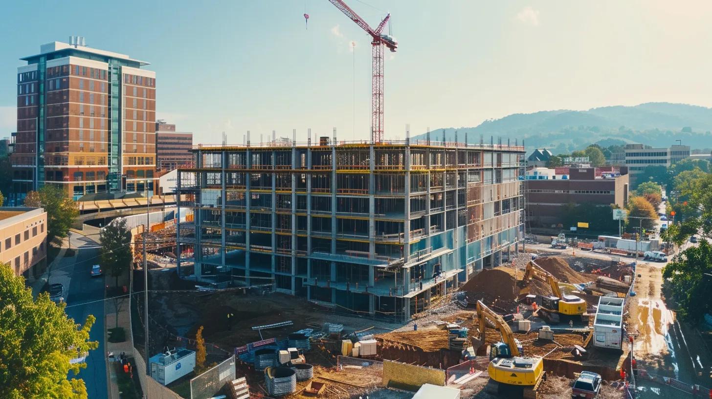 a dynamic construction site in knoxville showcases local contractors collaborating efficiently, with vibrant machinery at work and materials organized neatly, emphasizing cost-effectiveness and streamlined project management under bright, clear skies. a dynamic construction site in knoxville showcases local contractors collaborating efficiently, with vibrant machinery at work and materials organized neatly, emphasizing cost-effectiveness and streamlined project management under bright, clear skies.