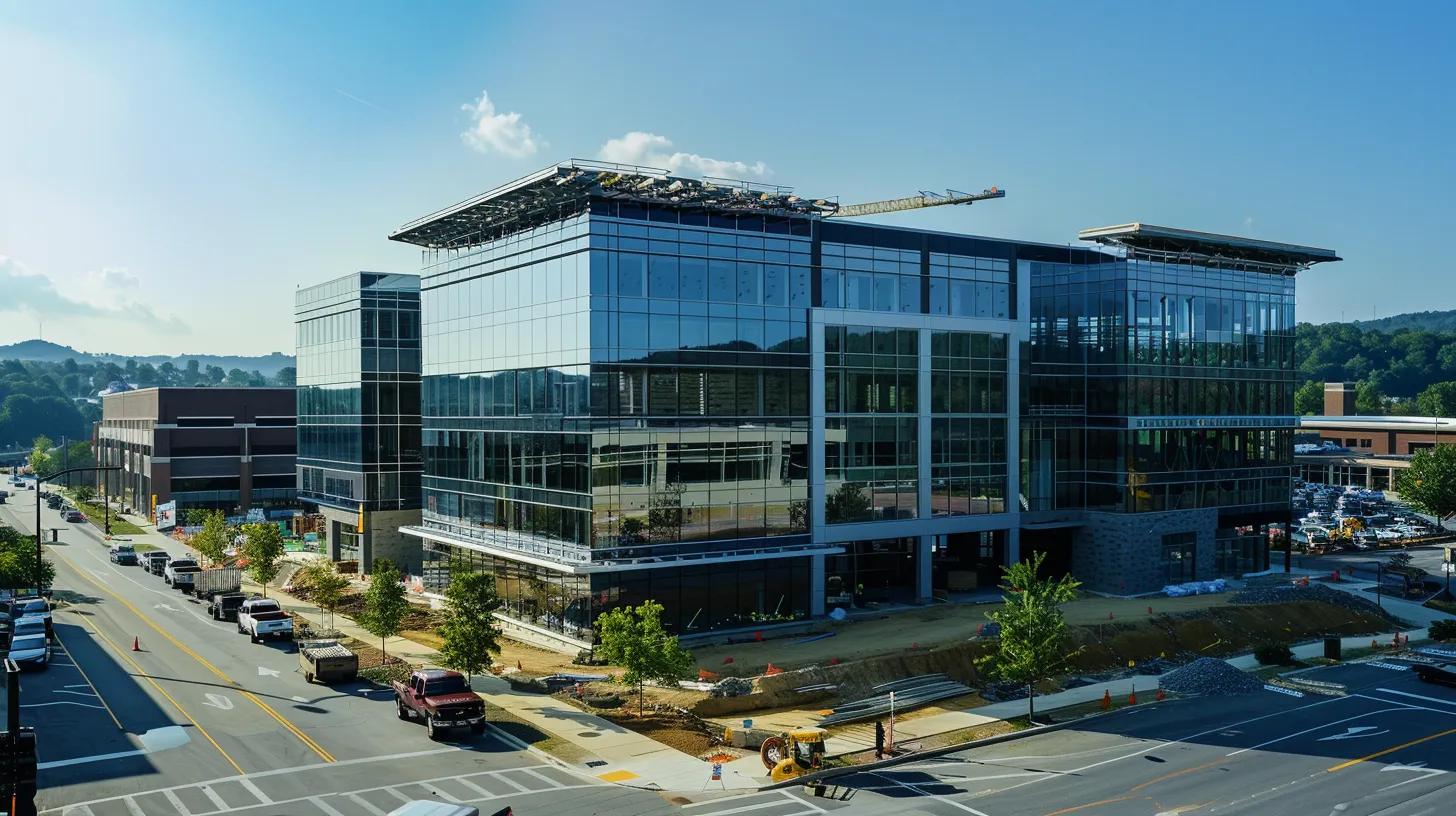 a dynamic construction site in knoxville, showcasing skilled builders collaborating on a modern commercial structure under clear blue skies, emphasizing teamwork and innovation in architecture.