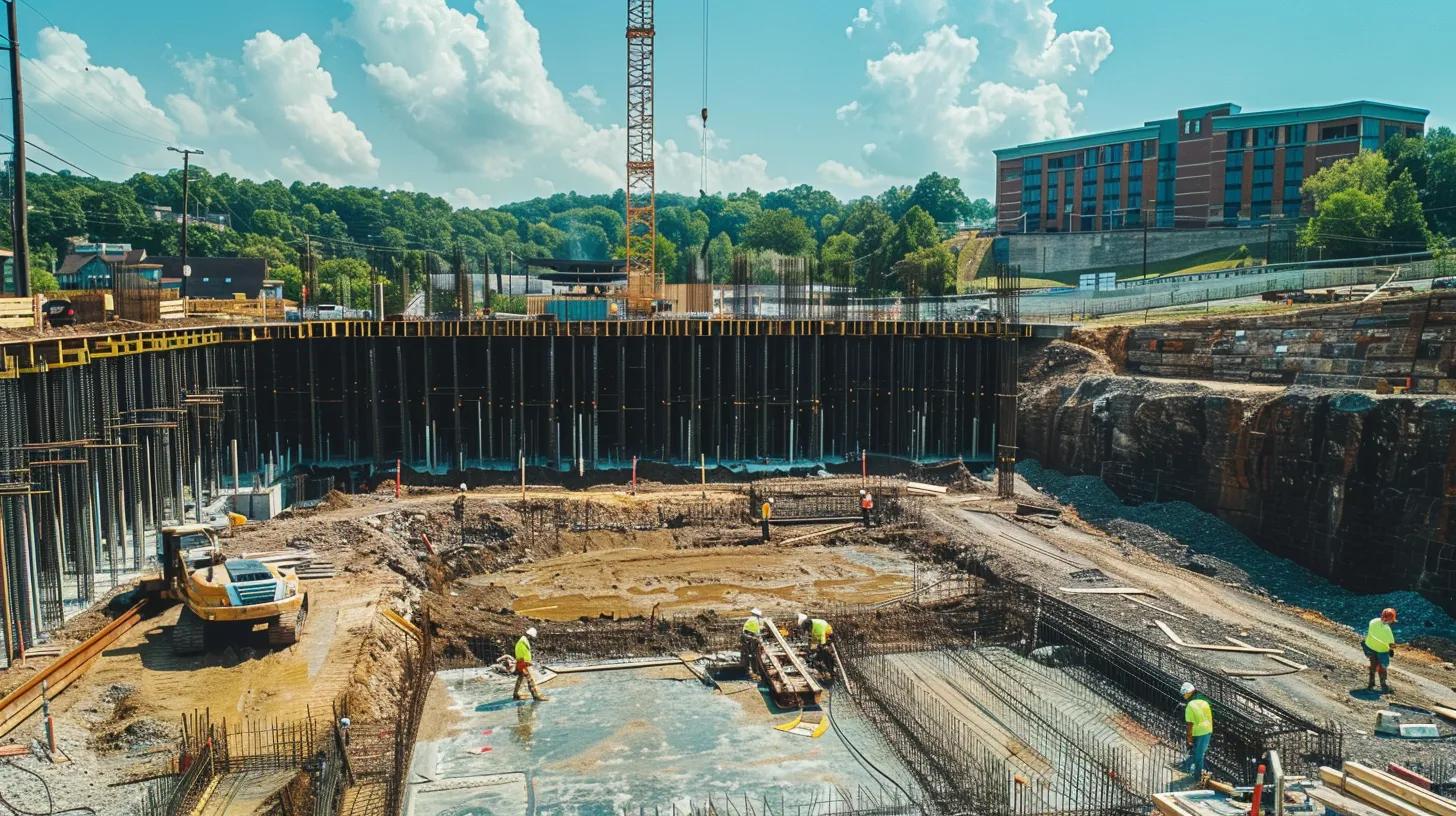 a dynamic construction site in knoxville showcases licensed commercial contractors expertly overseeing the laying of a robust foundation, surrounded by towering scaffolds and the vibrant energy of skilled workers under a bright blue sky. a dynamic construction site in knoxville showcases licensed commercial contractors expertly overseeing the laying of a robust foundation, surrounded by towering scaffolds and the vibrant energy of skilled workers under a bright blue sky.