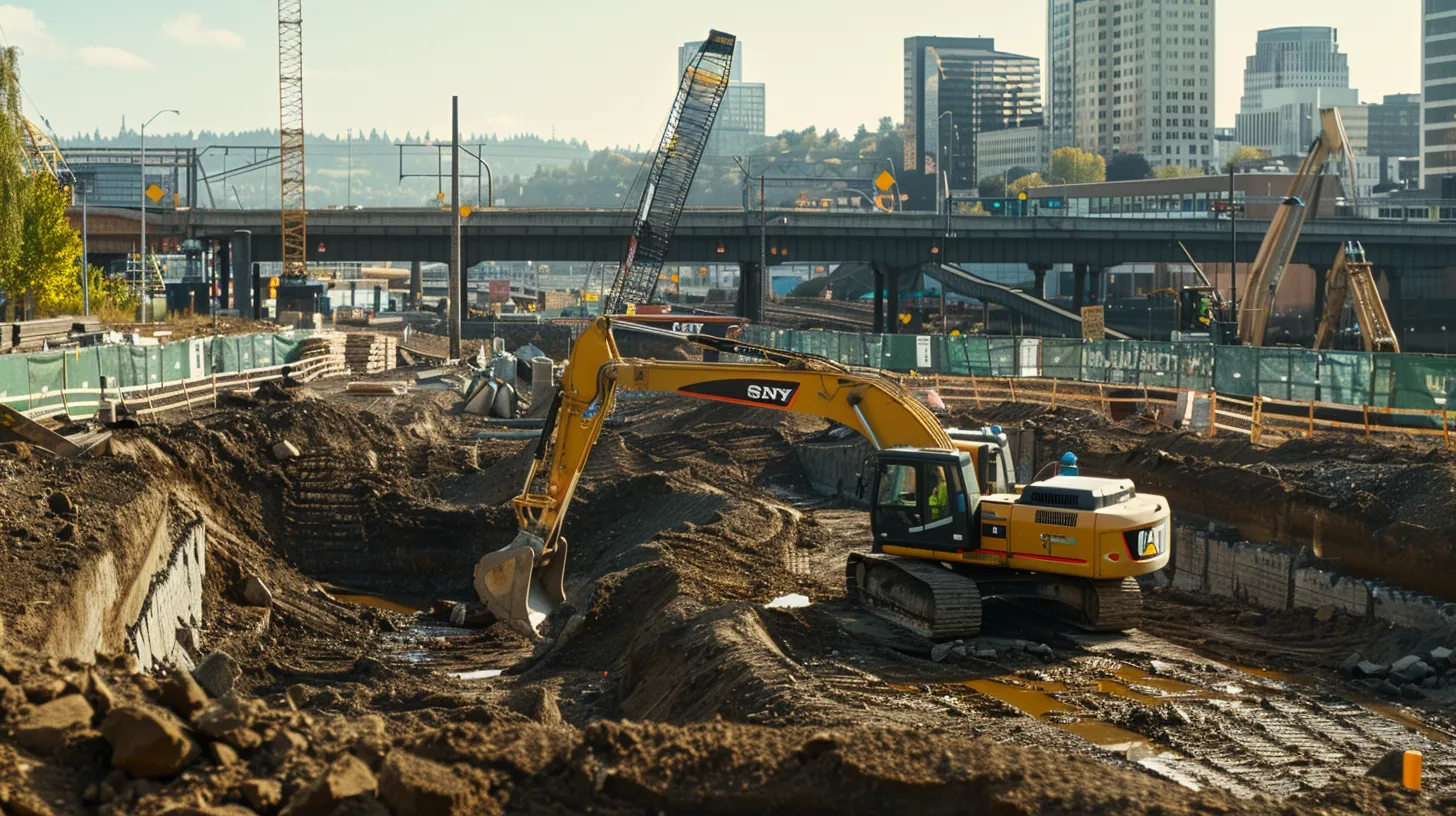 a dynamic construction site in portland, showcasing heavy excavation equipment in action, surrounded by clear signage emphasizing safety and regulatory compliance, under a bright industrial skyline.