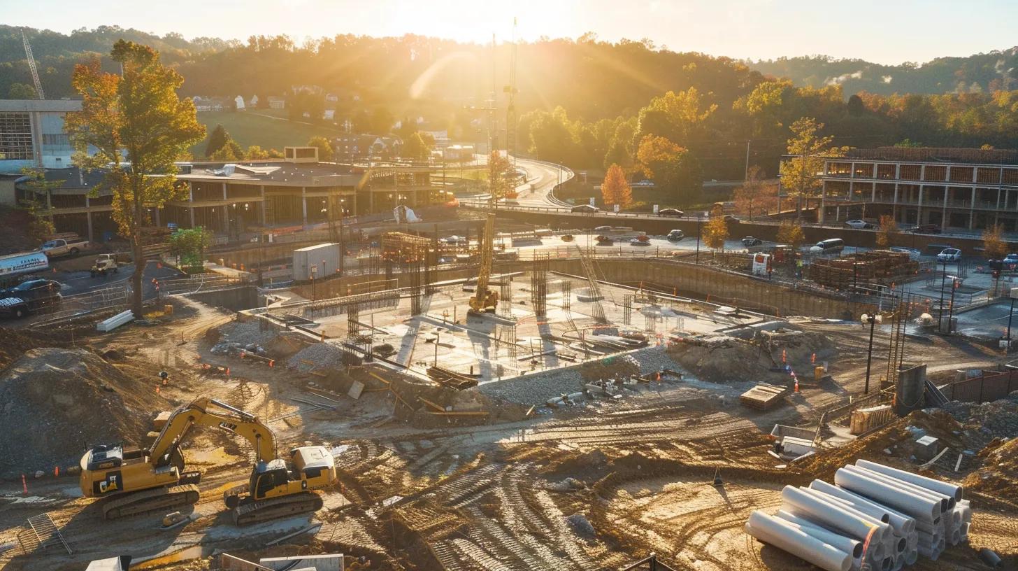 a dynamic construction site in knoxville, showcasing efficient builders collaborating seamlessly on a project, with vibrant blueprints spread out and sturdy machinery working under the warm glow of the late afternoon sun. a dynamic construction site in knoxville, showcasing efficient builders collaborating seamlessly on a project, with vibrant blueprints spread out and sturdy machinery working under the warm glow of the late afternoon sun.