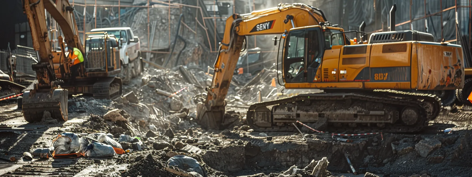 a dynamic construction site showcases heavy machinery expertly preparing a foundation for asphalt paving, highlighting the meticulous process of debris clearing and soil leveling under bright artificial lighting.