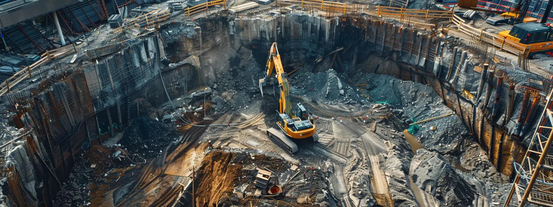 a dynamic construction site showcases a heavy mechanical excavator digging into a layered, diverse soil composition, with engineers analyzing the conditions on-site against a backdrop of urban infrastructure. a dynamic construction site showcases a heavy mechanical excavator digging into a layered, diverse soil composition, with engineers analyzing the conditions on-site against a backdrop of urban infrastructure.
