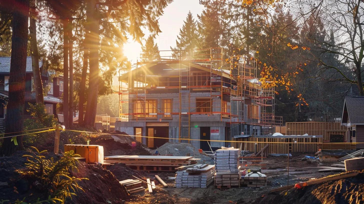 a dynamic construction site showcasing a modern home under renovation, with vibrant building materials and clear signage indicating various local building permits, all illuminated by warm sunlight filtering through surrounding trees. a dynamic construction site showcasing a modern home under renovation, with vibrant building materials and clear signage indicating various local building permits, all illuminated by warm sunlight filtering through surrounding trees.