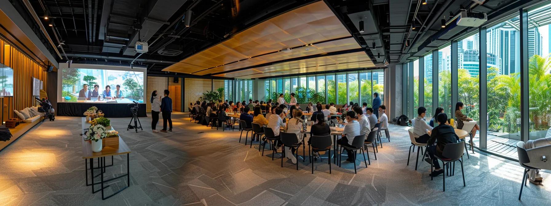 a dynamic corporate team bonding event unfolds in a sleek, modern singapore conference room, featuring collaborative activities and diverse participants engaged in strategic discussions, exuding an atmosphere of unity and creativity. a dynamic corporate team bonding event unfolds in a sleek, modern singapore conference room, featuring collaborative activities and diverse participants engaged in strategic discussions, exuding an atmosphere of unity and creativity.