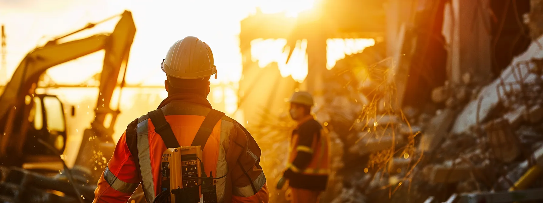 a dynamic demolition site showcases workers clad in vivid safety gear, engaging in thorough safety inspections amidst the towering remnants of a crumbling structure, bathed in the warm glow of a setting sun that casts dramatic shadows, emphasizing a strong culture of safety and awareness. a dynamic demolition site showcases workers clad in vivid safety gear, engaging in thorough safety inspections amidst the towering remnants of a crumbling structure, bathed in the warm glow of a setting sun that casts dramatic shadows, emphasizing a strong culture of safety and awareness.